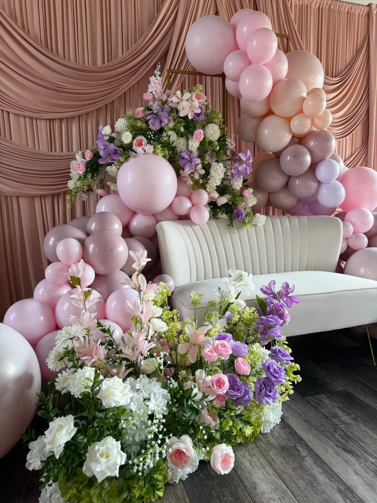 Blush and lavender balloon garland with florals - party decorations in Chicago, IL